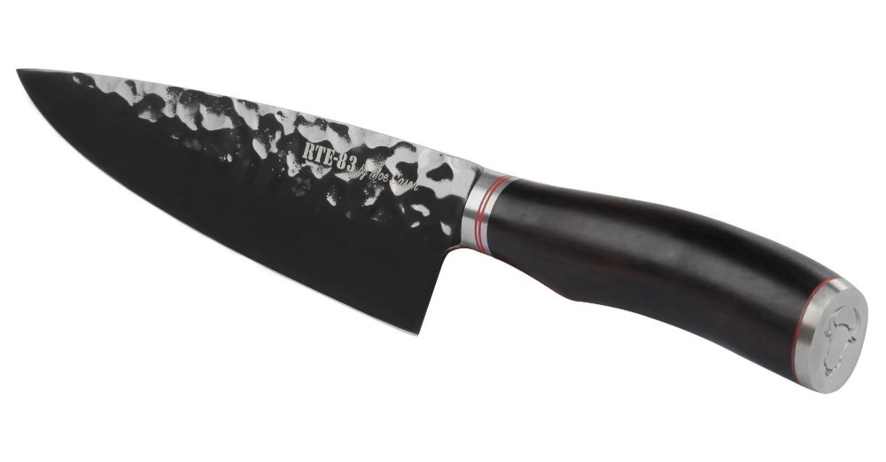 Moe Cason XL Chef Knife with a hammered black blade and ebony handle