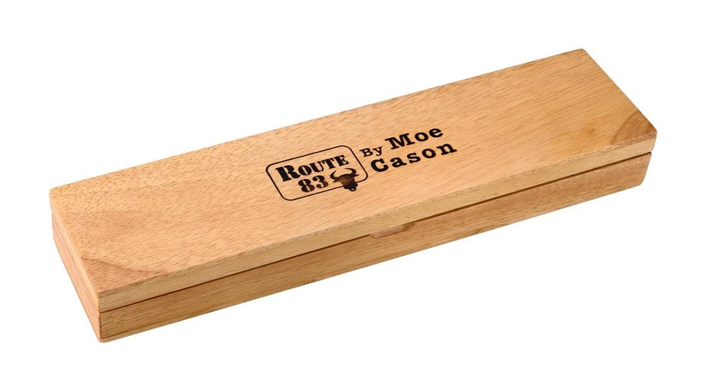 Closed natural wood storage box branded Route 83 by Moe Cason