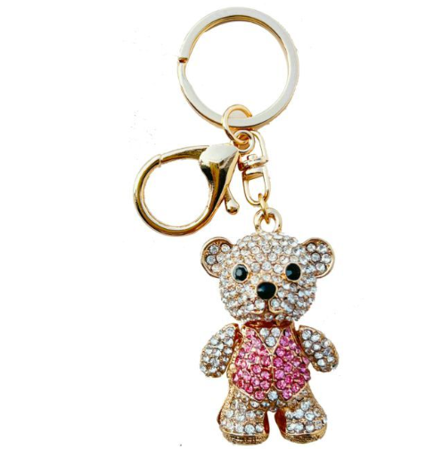 Pink and Gold Teddy Bear Diamante Keyring