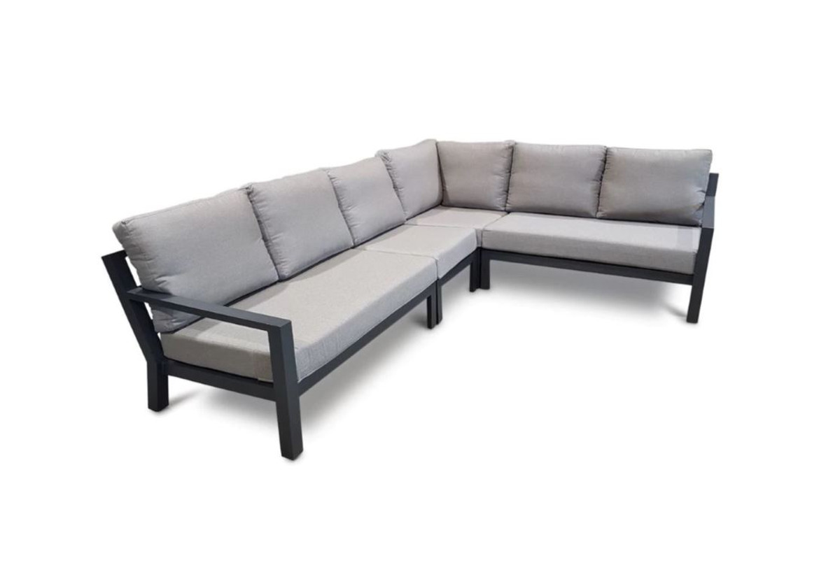 Life Timber outdoor aluminium modular corner lounge set Lava frame, with Sunbrella Natte Charcoal cushions