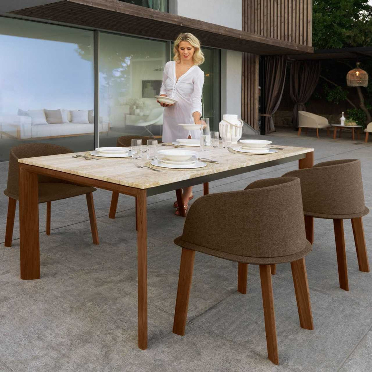 Cleo Outdoor Dining Table With Iroko Wood Frame And Travertine Marble Top By Talenti