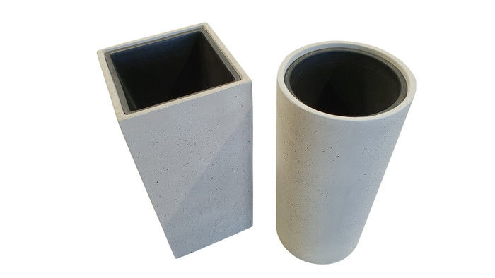 Lime lightweight concrete planter - High - Round with plastic pot. Also shown with square version.