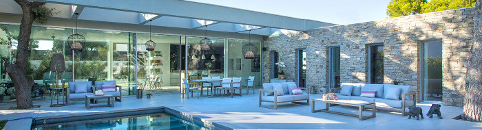 Skaal outdoor sofa and dining collection by Les Jardins