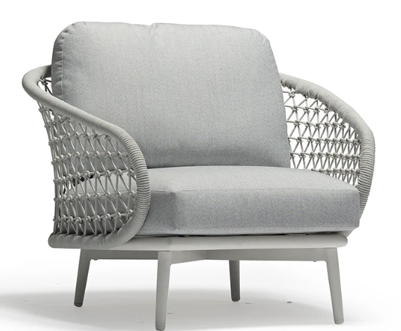 Cuddle armchair in light grey coloured outdoor rope cleverly woven onto matching coloured contracted welded aluminium frame providing years of pleasure!