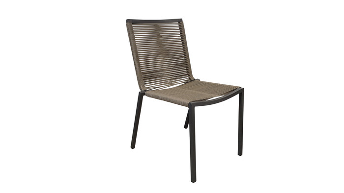 Our Ribbon outdoor STACKABLE dining side chair is a quality chair made with outdoor rope wound around a powder-coated aluminium frame.