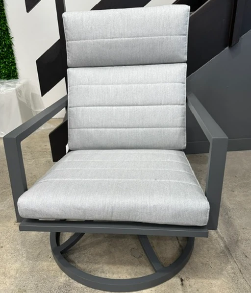 Maroon outdoor swivel chair by Life, lava frame with Sunbrella Natte Grey Chine cushion