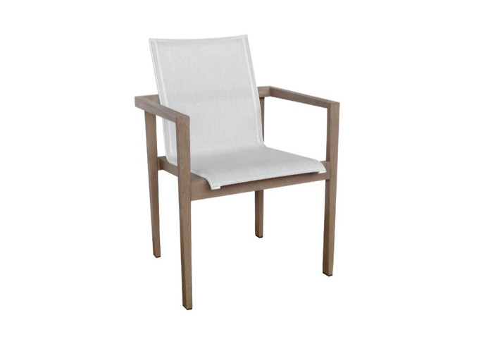 SKAAL teak outdoor dining armchair by Las Jardins finished in Duratek with Ostend white sling seat