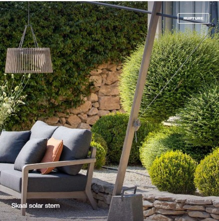 The SKAAL Pendulum outdoor floor standing solar lamp - Duratek treated teak lampshade with a powder coated aluminium frame rod
(Displayed here with COPENHAGUE sofa - unfortunately not available, but very similar to this sofa,  is the Plaza Burma 2 Person Sofa which is available)

 