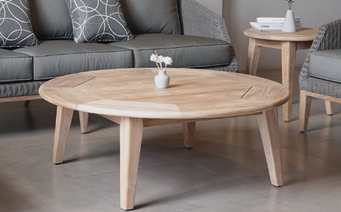 PIETRA Round Teak Coffee Table 110cm diameter - 40cm high
PIETRA Side Table in background - 55cm diameter - 50cm high