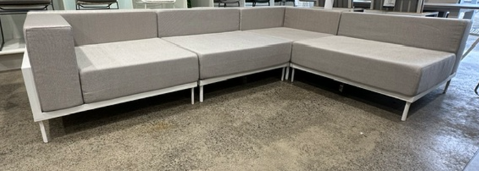 CLEO white aluminium frame, 4 x pieces made up of 2 x corner modules, 2 x single sofa modules, measures 3m x 2m as displayed
