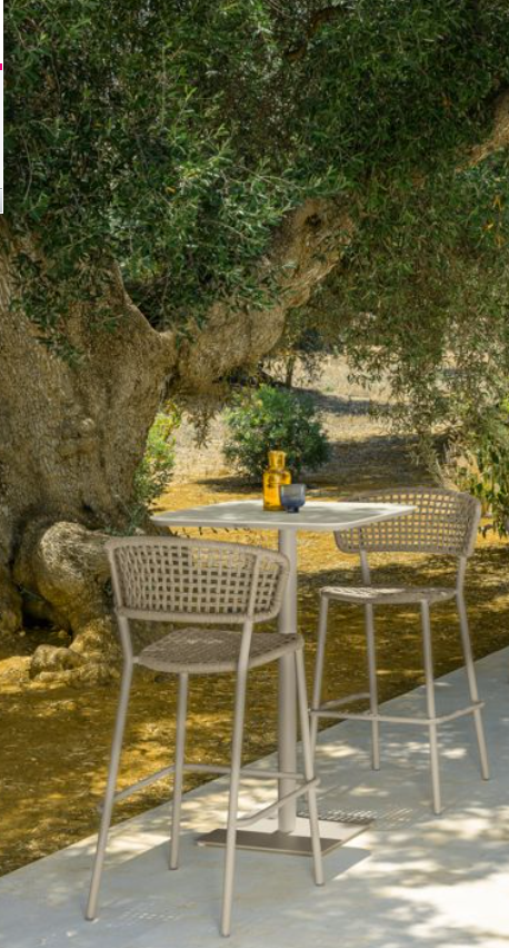 Moon Bar table light grey top, white frame,  with matching Moon Bar stools in light grey.