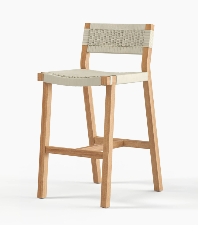 JACKSON Outdoor Bar Stool - Whitewash synthetic wicker expertly woven onto  a teak frame
Angled view