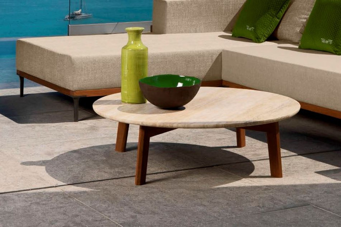 Cleo Outdoor Coffee Table With Teak Wood Frame And Travertine Marble Top By Talenti 