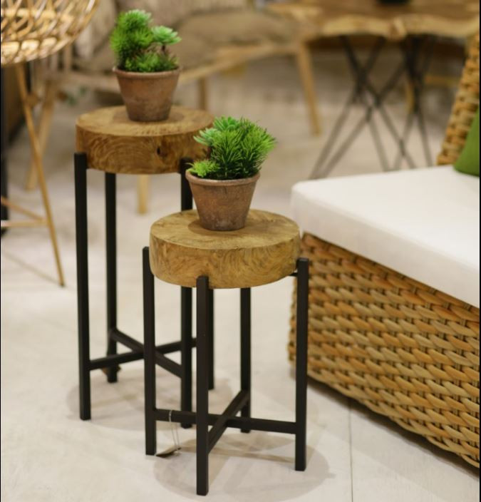 Round Teak And Metal Outdoor Accent Table