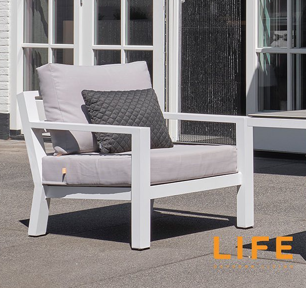 TIMBER Outdoor Lounge Chair also available in a White Frame with Natte Grey sunbrella fabric cushions and quick dry foam inners