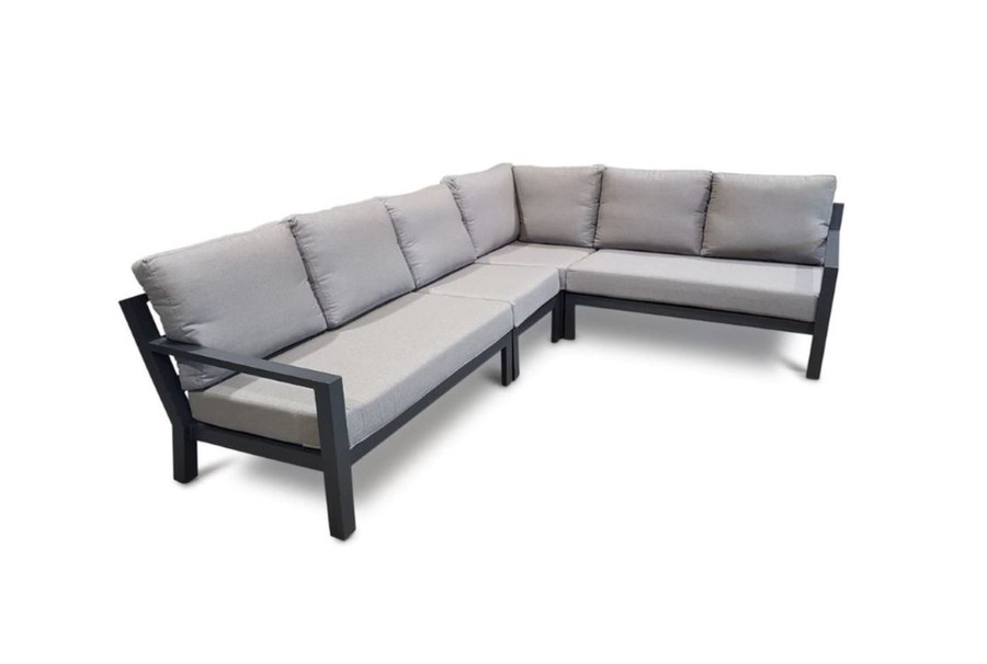 LIFE TIMBER Outdoor Aluminium modular corner lounge set - Lava, with Sunbrella cushions. This picture includes a left arm and right arm sofa ($2,395 each), a corner sofa ($1,695) and a single sofa ($1,195)