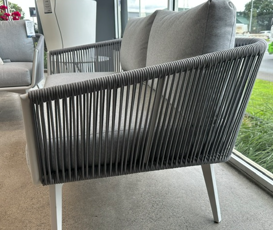 Side View of Diva 2 Seater Sofa, strong Olefin rope cleverly woven onto strong powder coated aluminium frames for maintenance free reassurance.