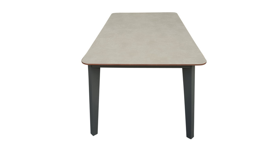 End view of Diva outdoor table. Aluminium frame with European HPL top. Simulated concrete look. This picture shows 185x96cm table