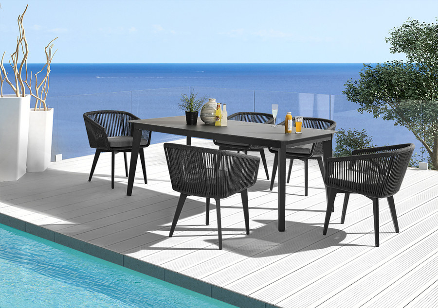 Diva outdoor table 2.2x0.9m table shown with matching Diva outdoor dining chairs