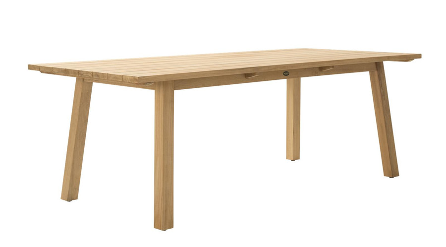 Angle view of Devon ST CLAIR outdoor table in teak wood. 2200 L x 1000 W x 765 H