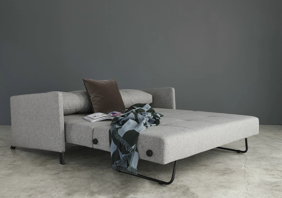 CUBED 160 sofa bed shown in Granite Twist fabric and black legs.  (Not usually available with arms, if you want arms a  special indent order is required)