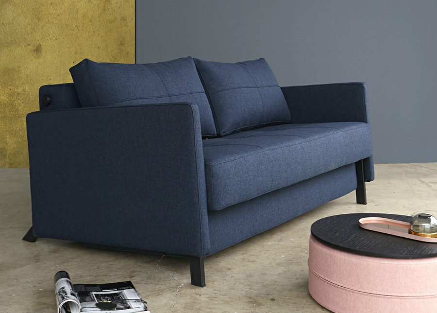 CUBED 160 sofa bed shown in the Blue Dance fabric and black legs. With arms requires a special indent order