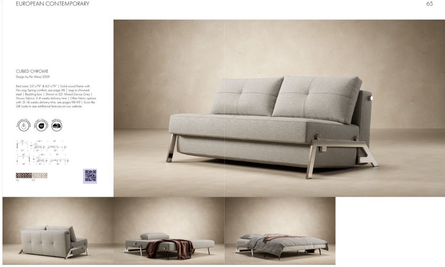 CUBED 160 sofa bed show casing shiny chrome legs for a minimalist clean aesthetic