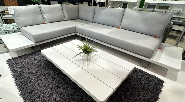 Bora Bora 2.5m x 3.5m as displayed, consisting of 1 x Left Arm sofa, joined to a Left Shelf Chaise. (2 Pieces)
If the opposite is required, 3.5m x 2.5m, this will consist of 1 x Right Arm sofa, joined to a Right Shelf Chaise.  Please ask Poynters staff for assistance and availability