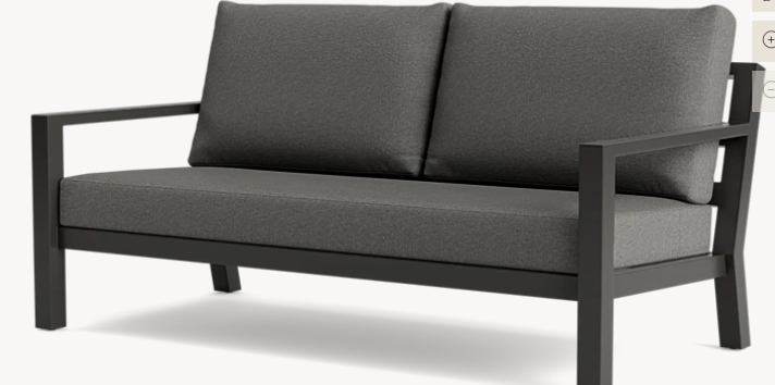 Side view, Timber Aluminium Frame 2.5 Person sofa, lava frame and Sunbrella Natte charcoal cushions