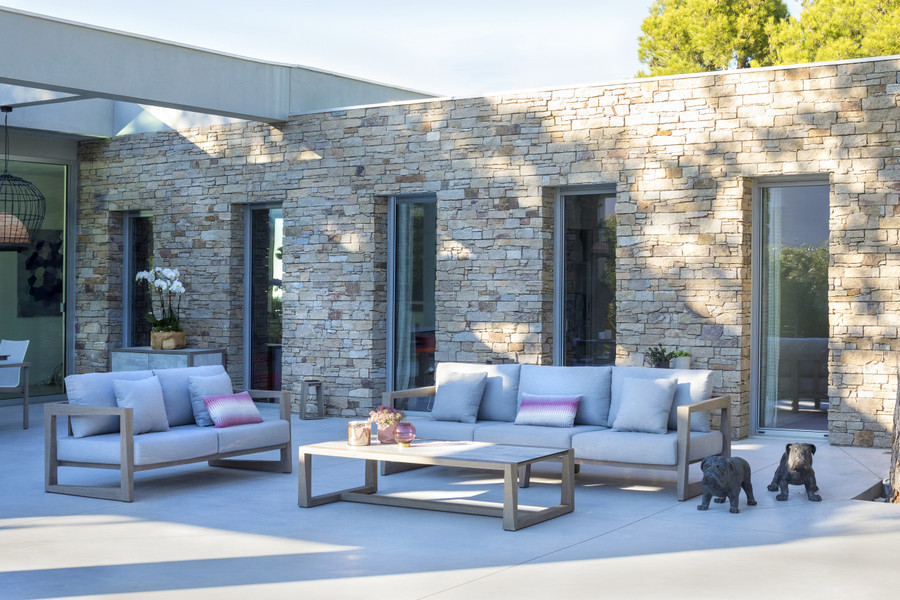 SKAAL outdoor sofa collection by Les Jardins. Variety of scatter cushions sold separately.
In situ with the 3 person sofa and the large matching coffee table