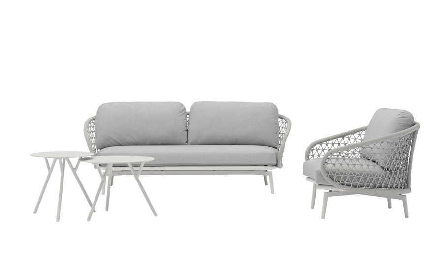 Cuddle outdoor aluminium and rope low arm chair, shown with matching 2.5 person sofa and Tree side tables