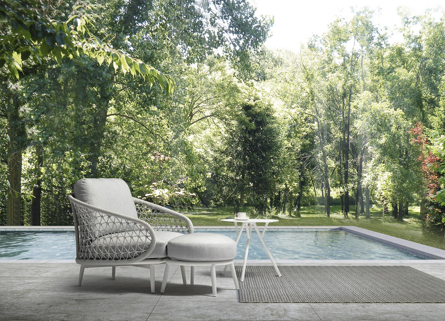 Cuddle outdoor aluminium and rope low arm chair and footstool combination