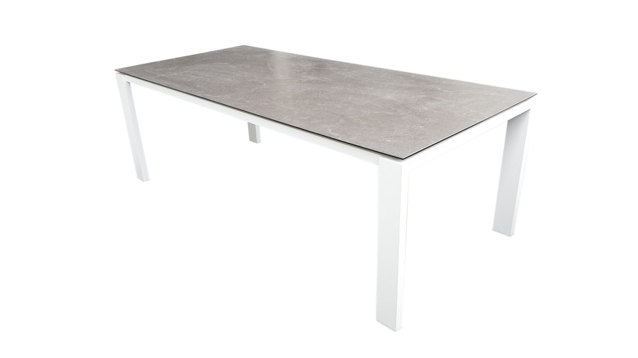 Poly Ceramic top and aluminium frame outdoor dining table in 2 colour ways. Size 220x100
Table shown is white frame with dark grey ceramic top.