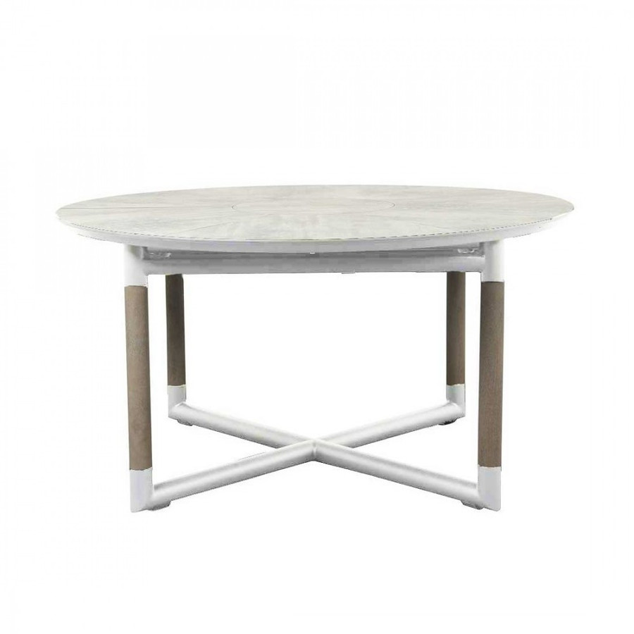 BASTINGAGE outdoor round extension table with HPL (high pressure laminate) top and aluminium frame, with teak accent legs. Shown in closed size 146cm diameter