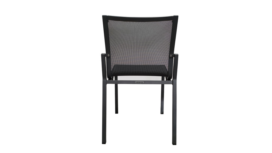 Rear view of AMAKA outdoor side chair in Slate Grey Frame/black sling