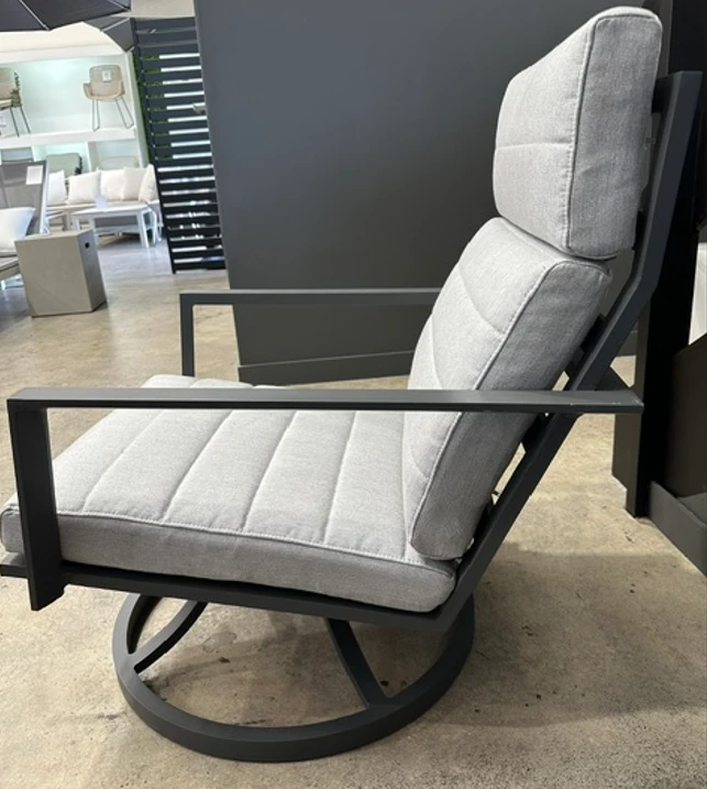 Maroon outdoor swivel chair by Life, lava frame with Sunbrella Natte Grey Chine cushion