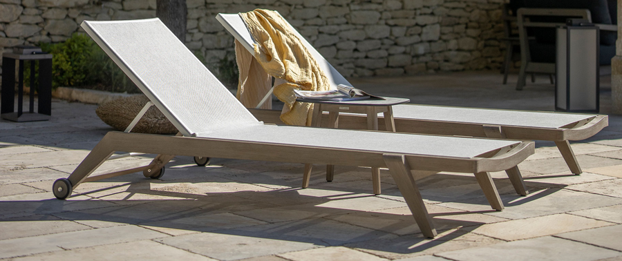 COPENHAGUE Sun Lounger by Les Jardins - Teak & Batyline Eden White Fabric SOLD OUT, ORDERS TAKEN FOR NEXT SHIPMENT!