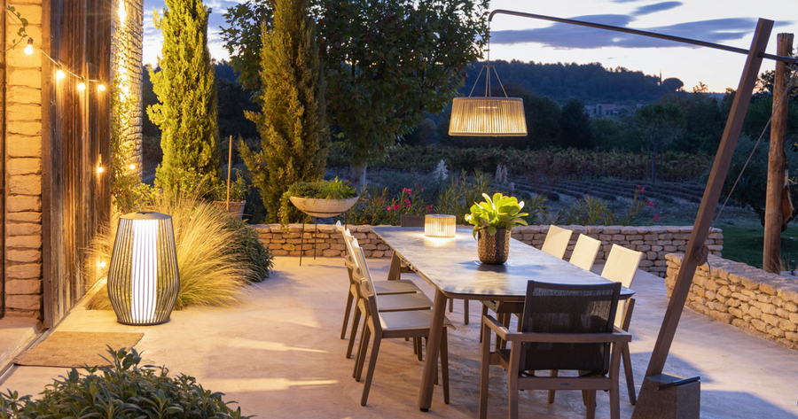 COPENHAGUE Outdoor Teak and HPL Top Extending Dining Table - 200-280cm - faux slate grey top