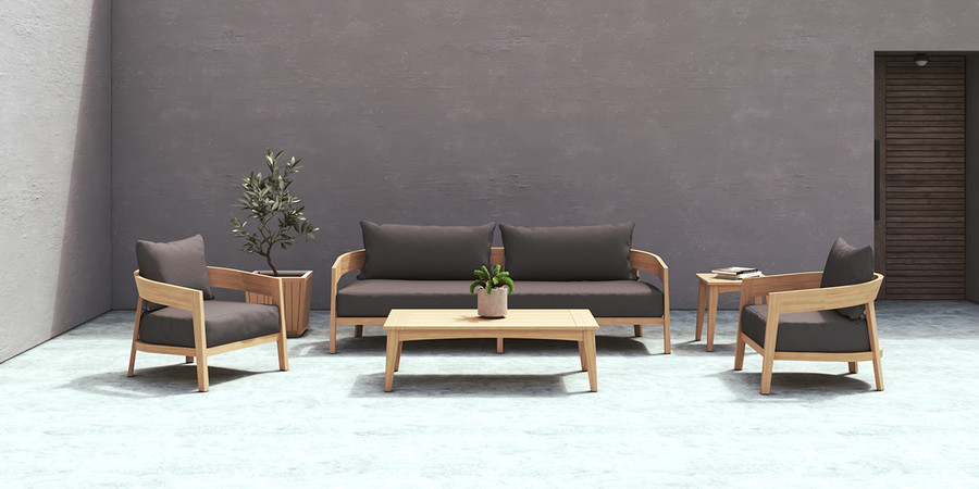 In situ view Veneto 3 person outdoor sofa in A Grade Teak
Please note : Fabric supplied is Sunbrella Cast Grey - different from image
Displayed with Pietra coffee table 1.3m x .7m x .4m High