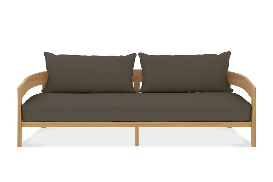 Front view of Veneto 3 person outdoor sofa in A Grade Teak
Please note : Fabric supplied is Sunbrella Cast Slate - different from image