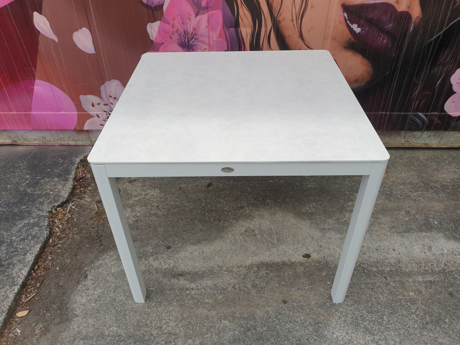 ELLA ceramic top outdoor table 90x90cm with faux marble finish. Highly resistant to scratching and fadeproof