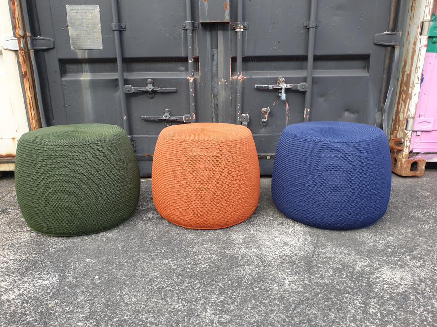 Mia outdoor crochet pouf in 3 colours : moss, coral and indigo