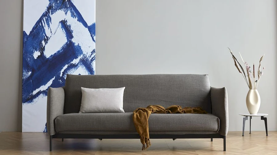 JUNUS Double sofa bed by Innovation Living. Sharp style soft spring futon mattress and soft fabric arms included. Sorry, SOLD OUT in Kenya Taupe Colour