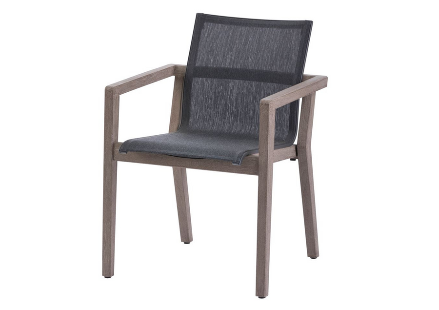 Copenhague dining arm chair by Les Jardins. Teak wood is finished in Duratek coating.  Batyline Eden sling seat.