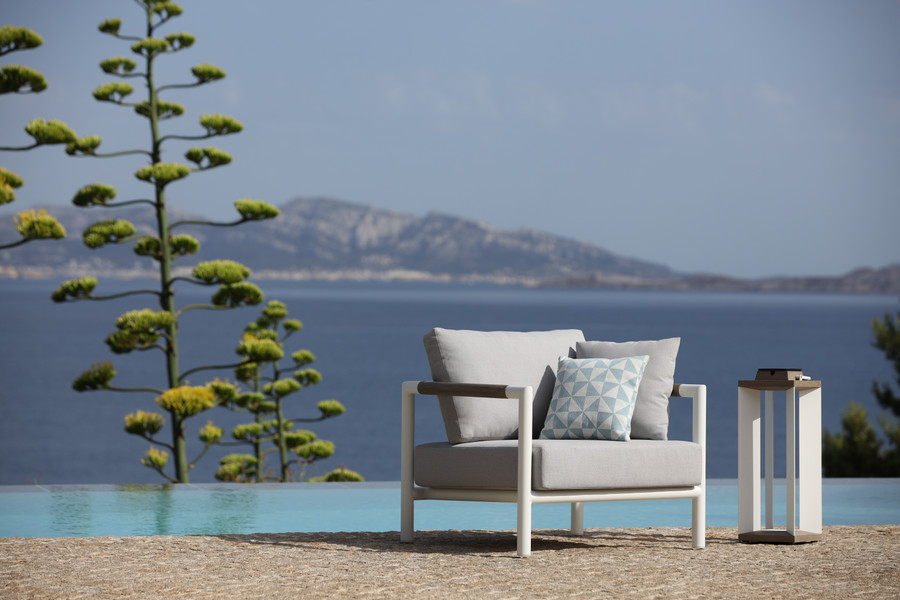 BASTINGAGE outdoor aluminium low chair with Sunbrella cushions.