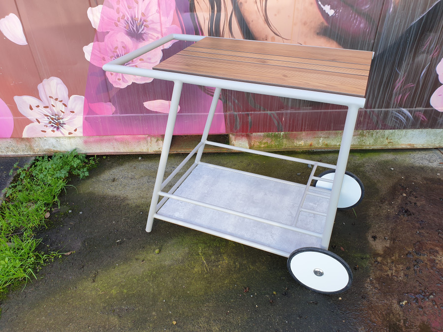 ZOOM outdoor trolley/cart on wheels - has a woodgrain HPL top and a faux marble ceramic coating base/shelf