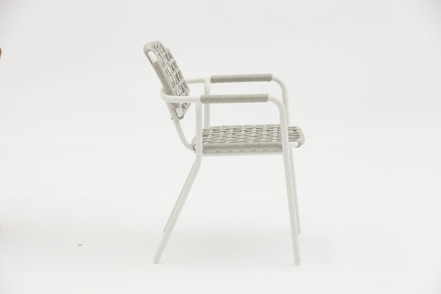 Side view of AOSTA stackable aluminium outdoor dining arm chair - white/grey strap