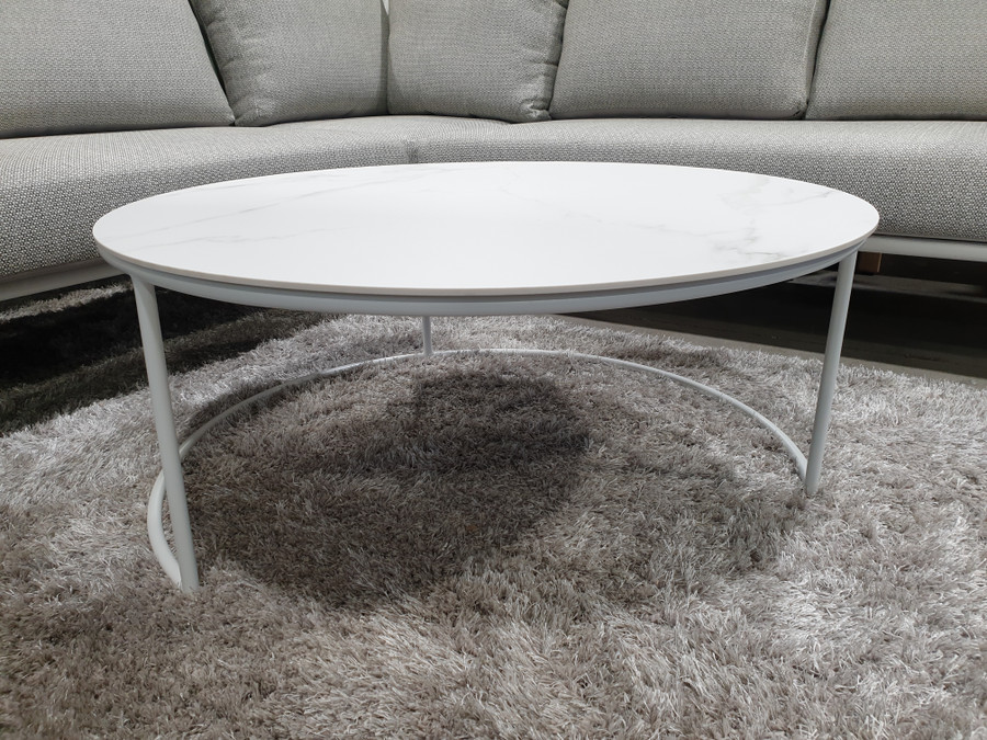 Pop large coffee table in white with faux Carrara Marble top. Note recess to accommodate small Pop coffee table