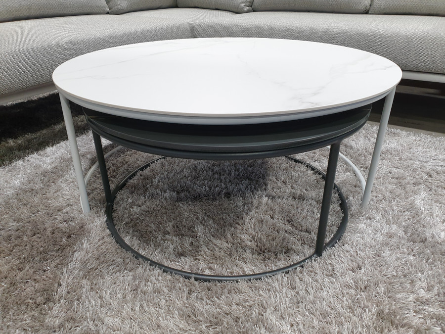 Fully nested Pop large coffee table in white with faux Carrara Marble top and Pop small coffee table in charcoal with faux Pietra Grey marble top