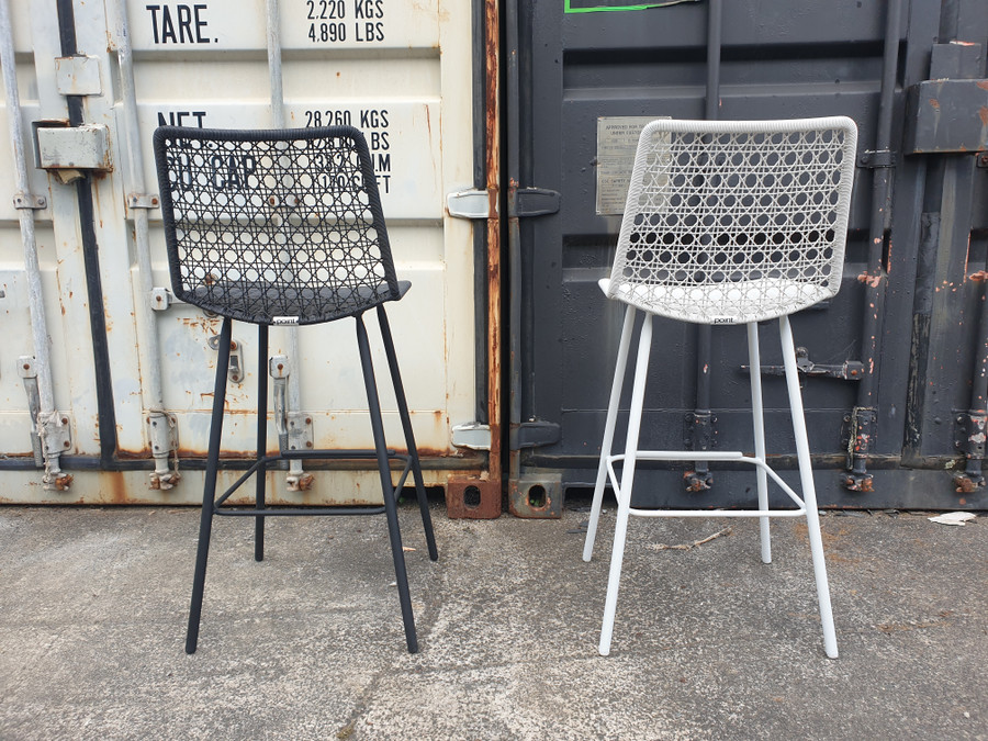 Rear view of FRED Outdoor Bar Stools in Stone White or Lava